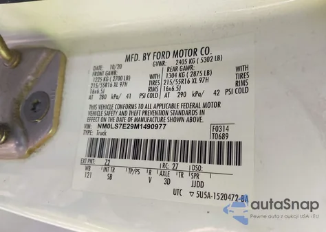 2021 Ford Transit Connect Xl z USA, uszkodzony, nr VIN NM0LS7E29M1490977